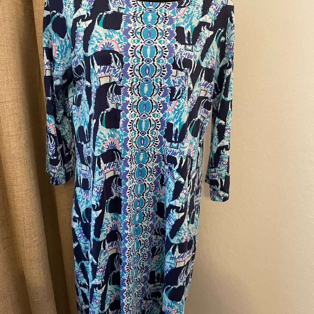 Lilly Pulitzer Womens Alpaca My Bags Day Dress Size M‎ Blue 3/4 Sleeve Keyhole